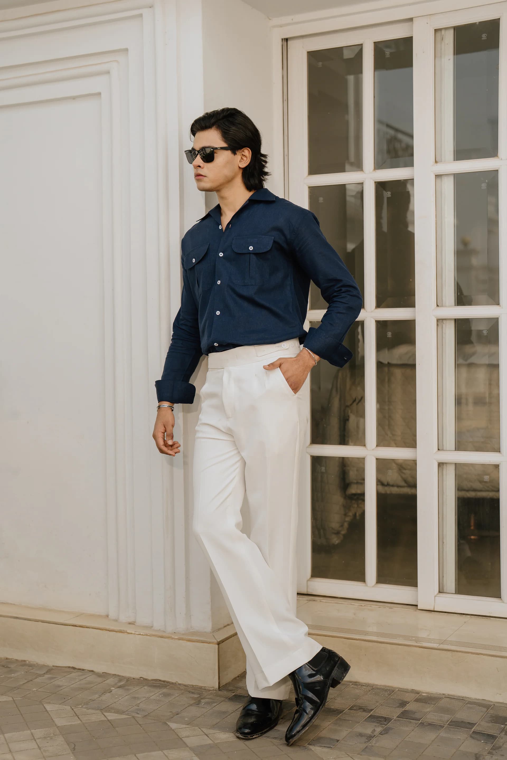 Double Pocket Linen Shirt - Navy blue