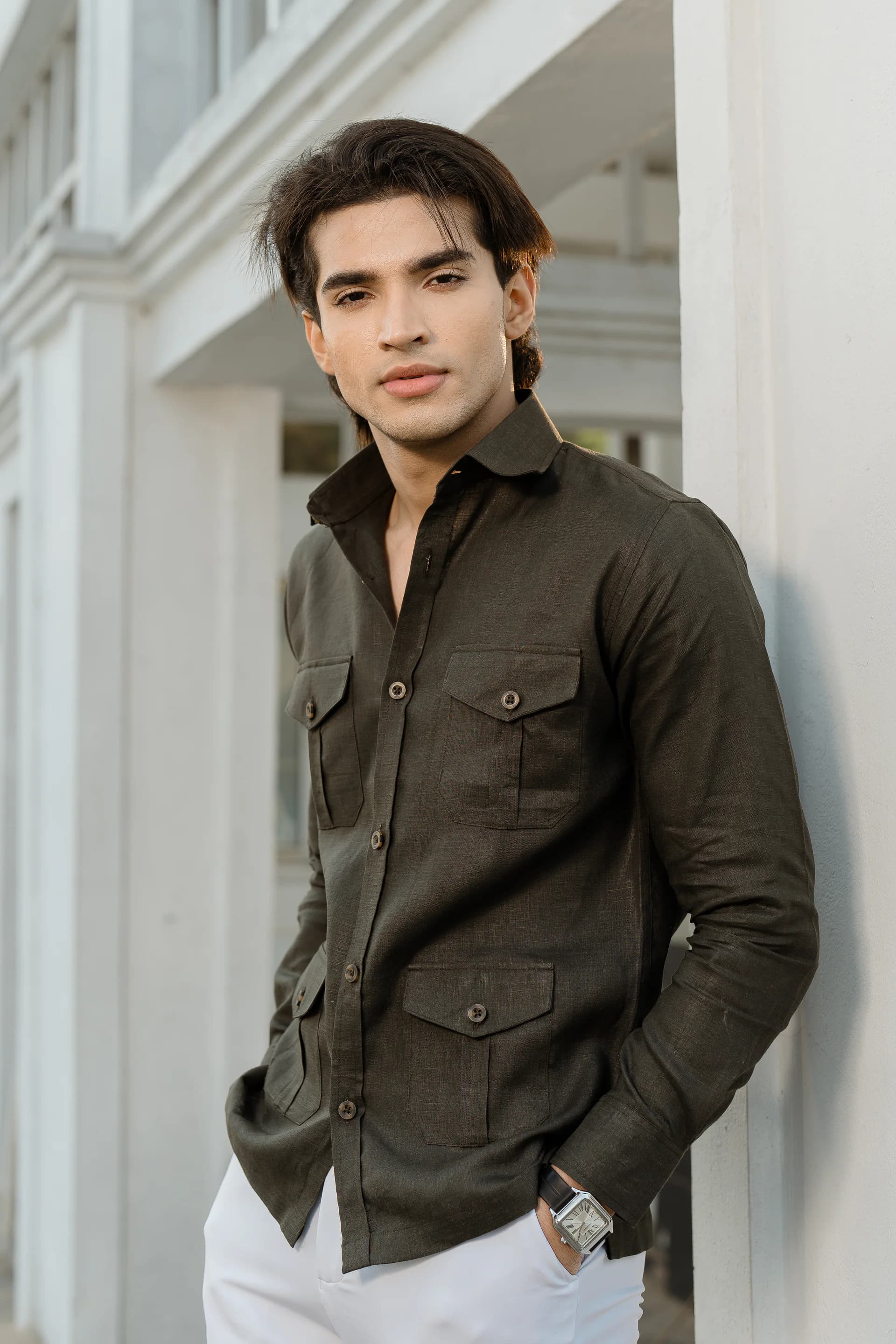 Safari Linen Shirt - Deep Olive