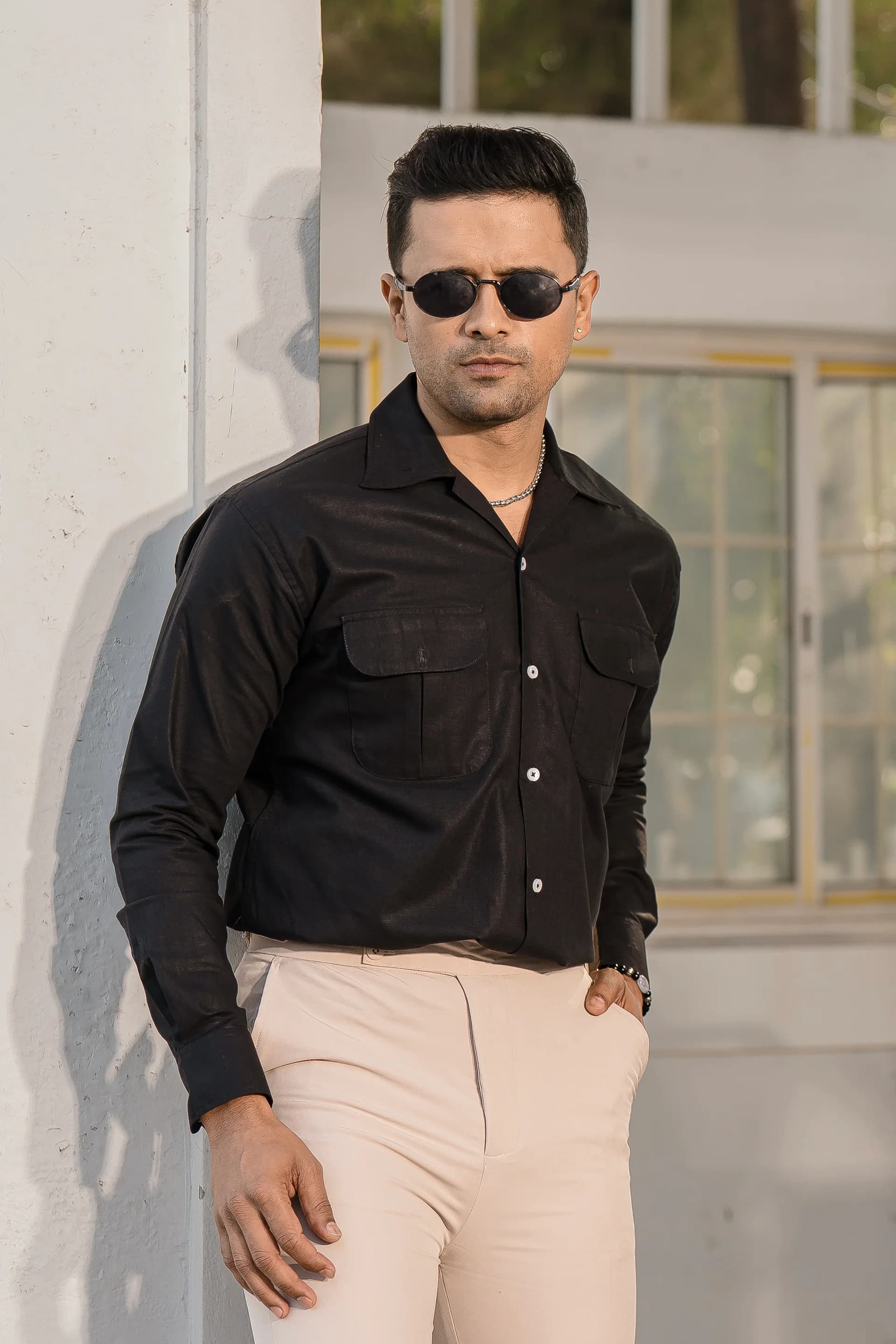 Double Pocket Linen Shirt - Black