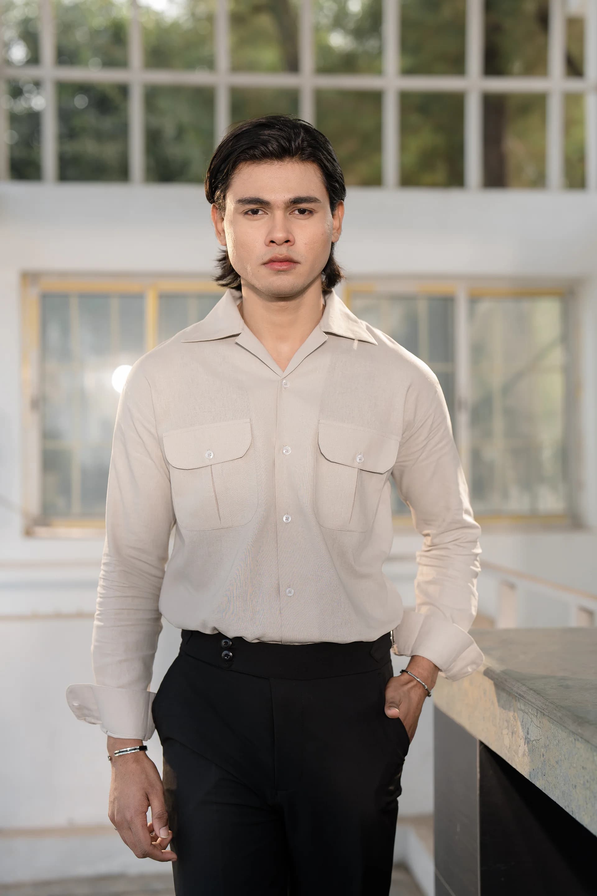 Double Pocket Linen Shirt - Stone beige