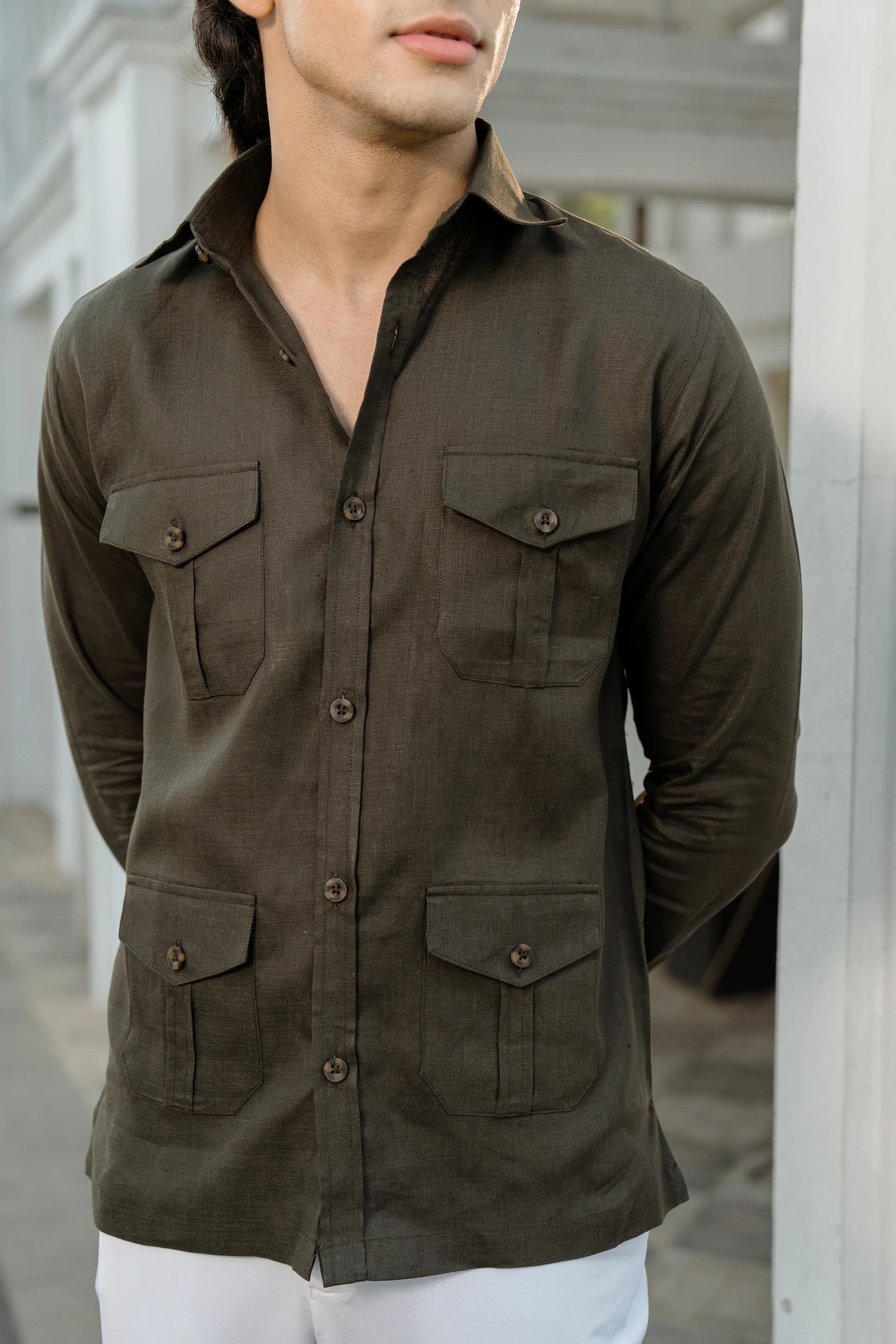Safari Linen Shirt - Deep Olive