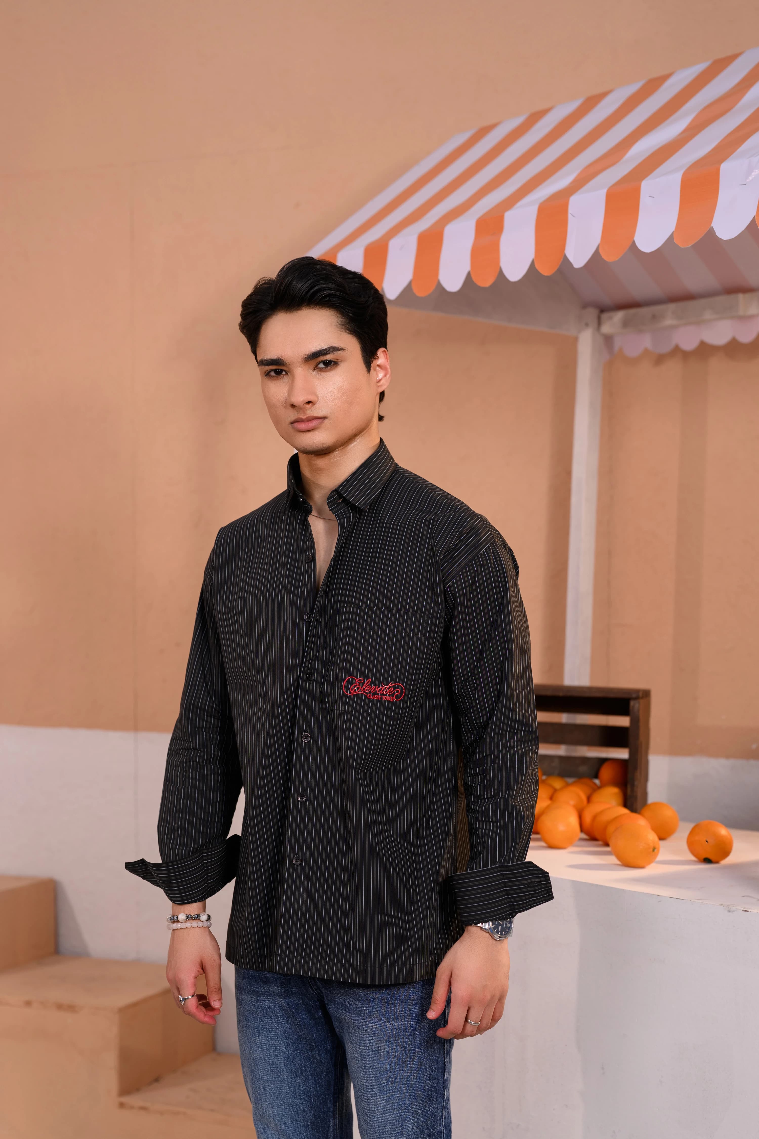 Casual Embo Stripe Shirt | Black