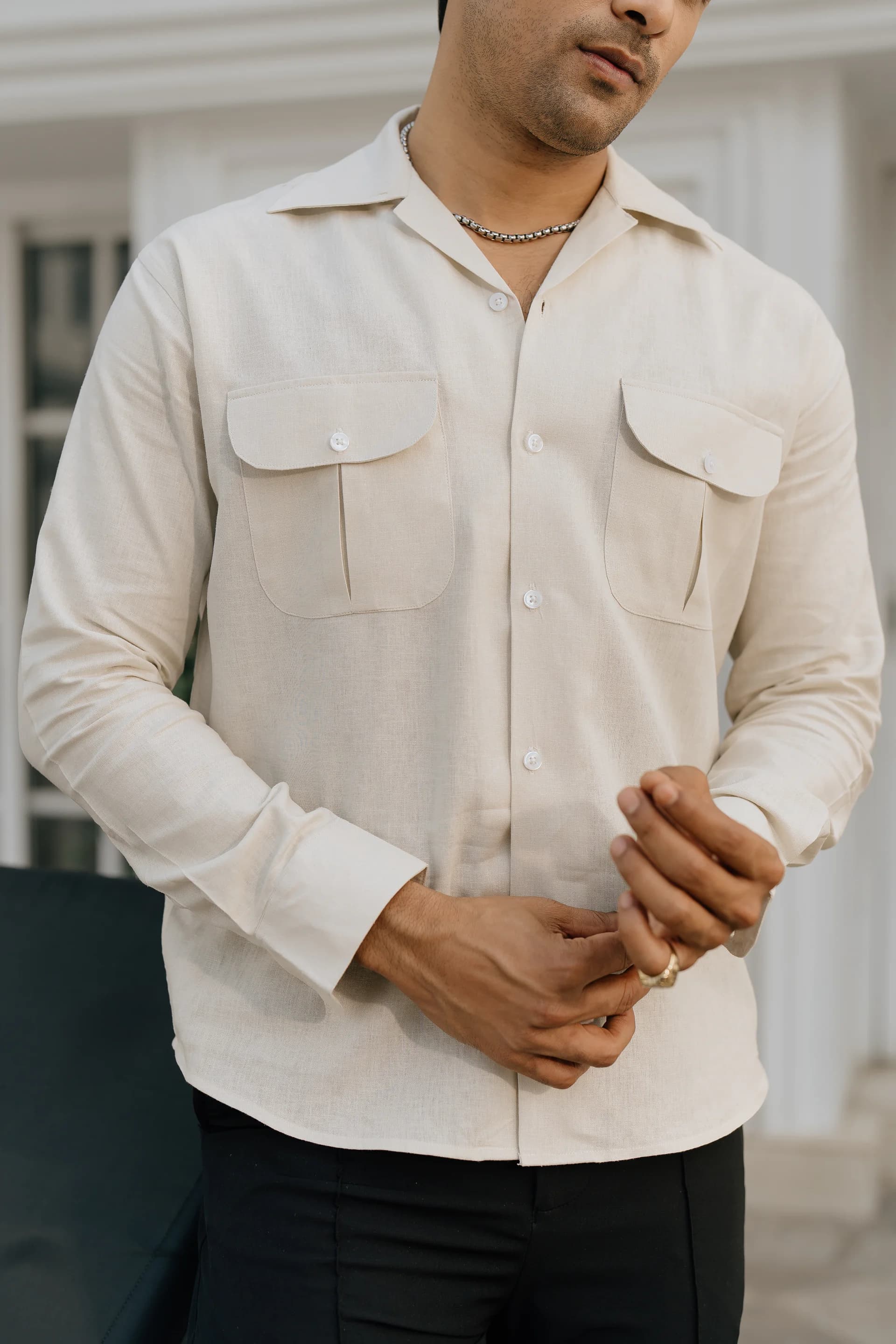 Double Pocket Linen Shirt - Off white