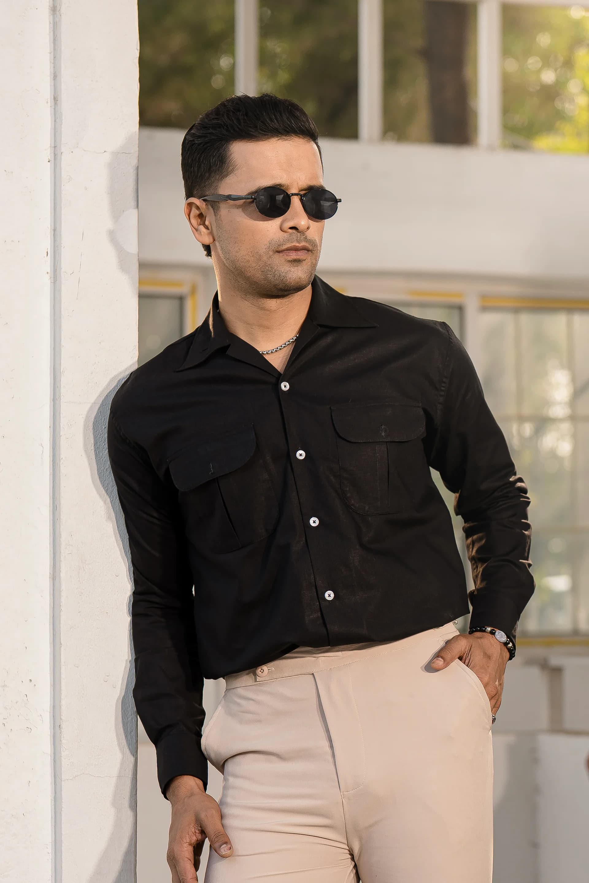 Double Pocket Linen Shirt - Black