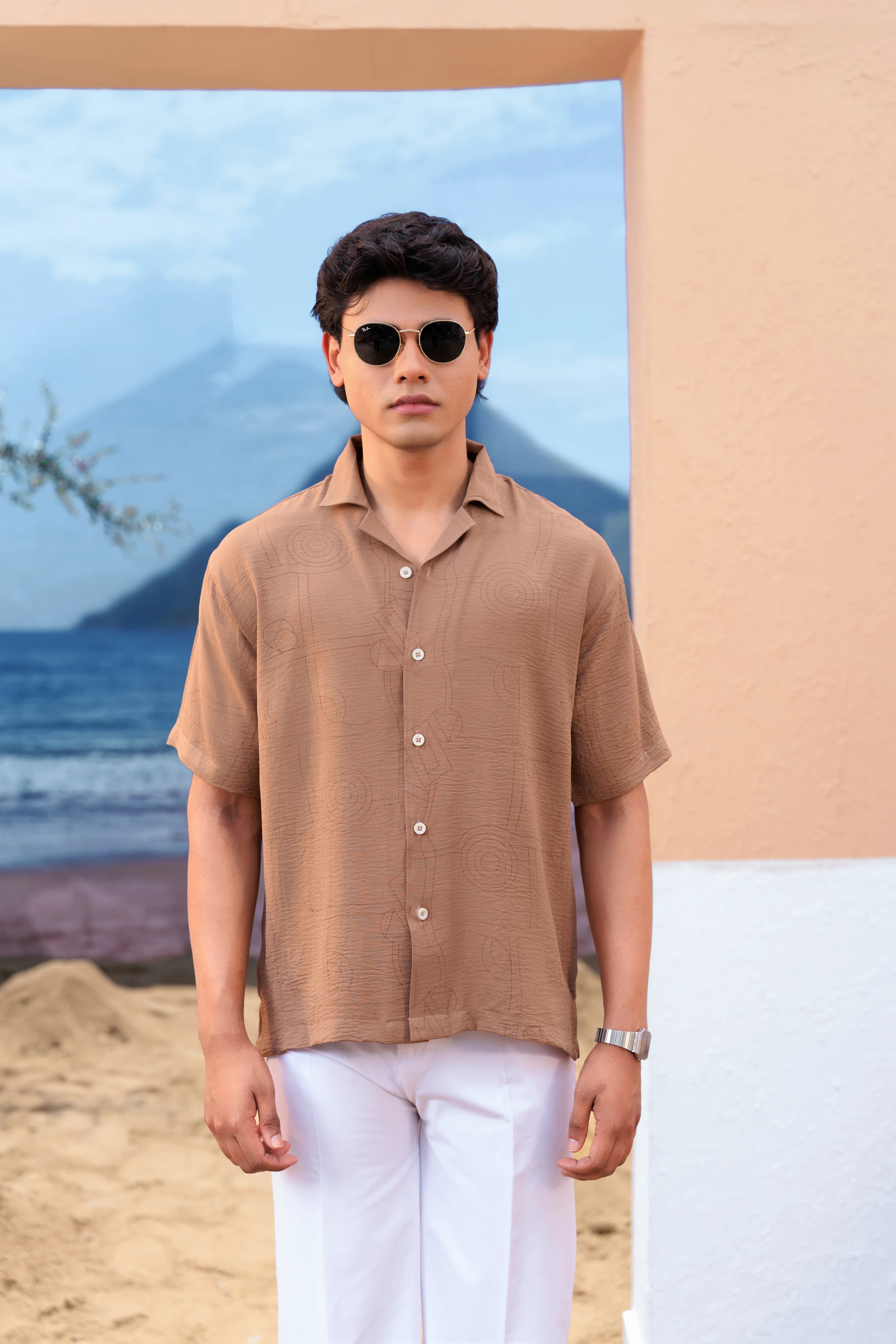 Half  Crop Boxy Shirt | Beige thumbnail 3