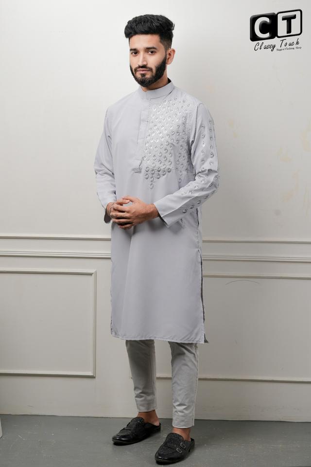 Ash grey - Designer Embroidery Panjabi 