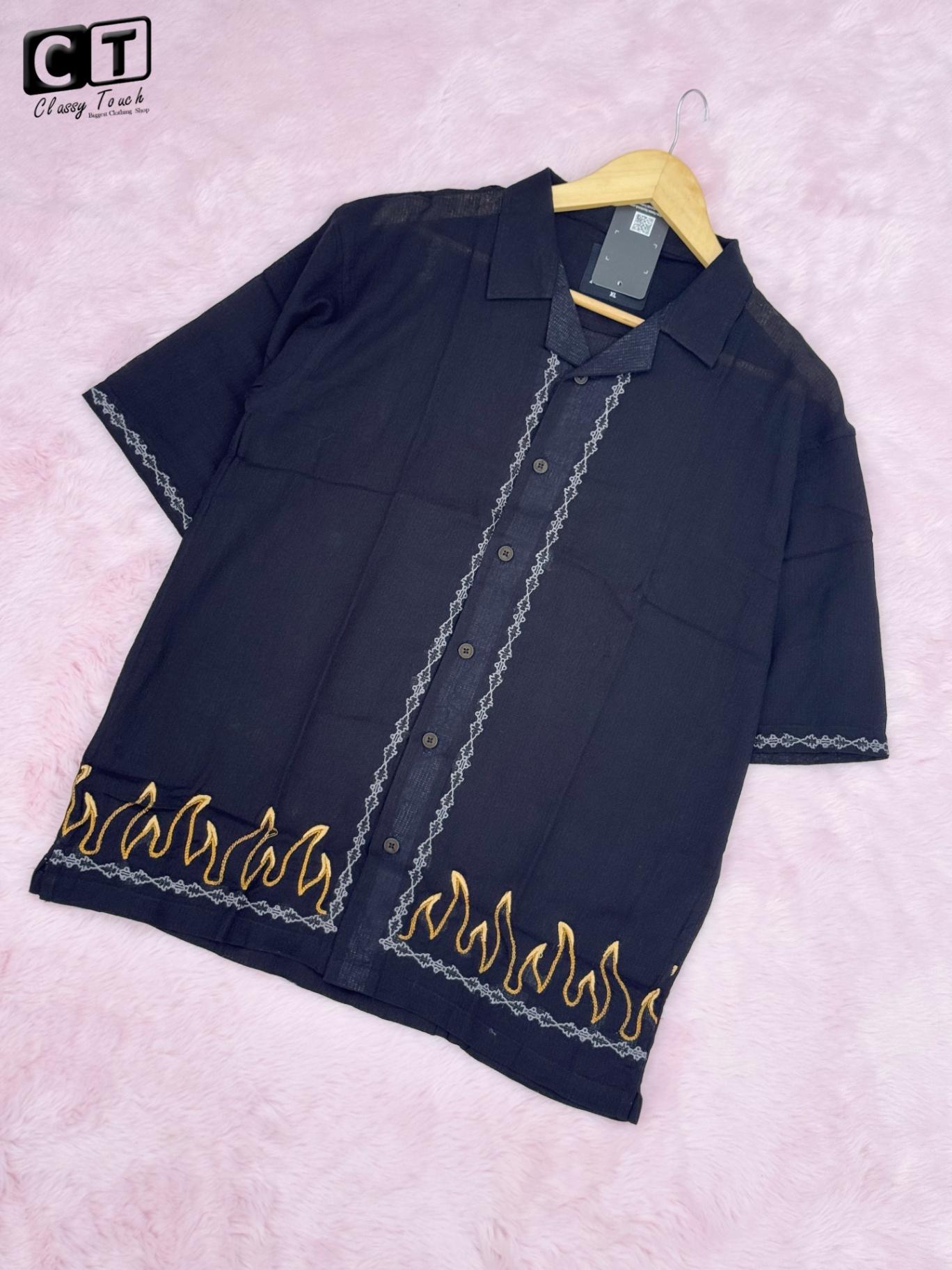 Embroidery Drop Shoulder Shirt - Black