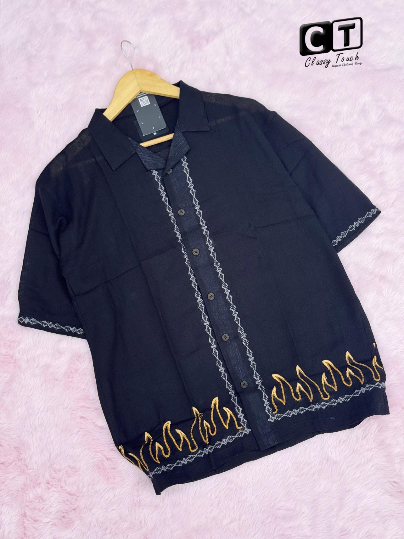 Embroidery Drop Shoulder Shirt - Black